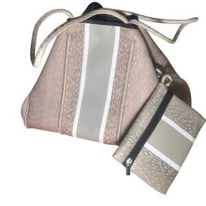 Classy Cloth Beige Fawn Neoprene Tote Bag w/ Wristlet  16"x9"x11" NWT